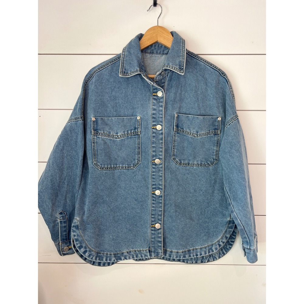Blue Denim Jean Shacket Oversized Button Front Shirt Jacket Small western